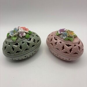 Floral Ceramic Egg Trinket Box Set - Pierced Design,‎ Decorative Easter Decor